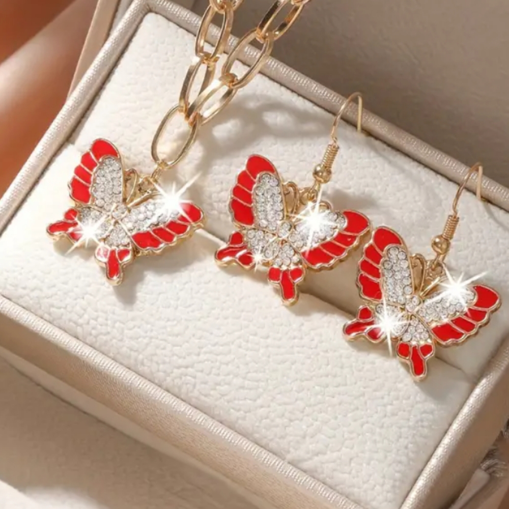 GOLD/TOPAZ/ RED ENAMEL 20 IN PAPER CLIP CHAIN / PENDANT/MATCHING EARRING GIFTBOX - Picture 1 of 2
